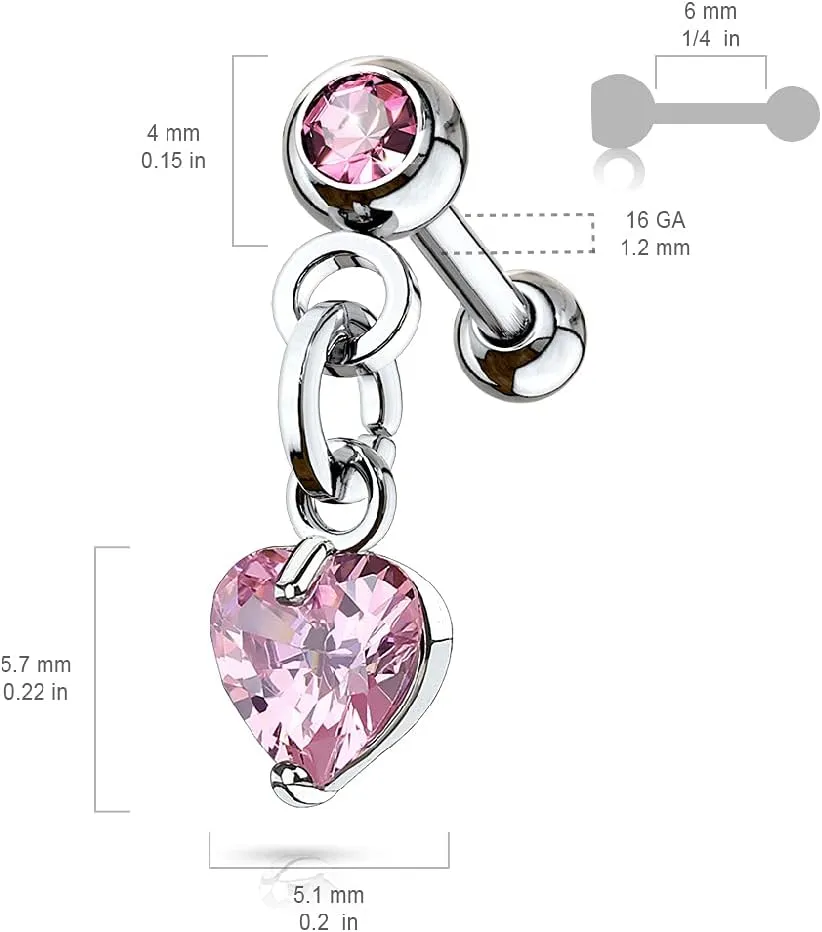 Pierced Owl - 16GA Crystal set Ball with dangling crystal heart 316L Surgical Stainless Steel Cartilage Helix Tragus Conch Ear Lobe Barbell Stud