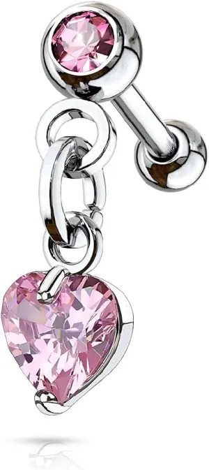 Pierced Owl - 16GA Crystal set Ball with dangling crystal heart 316L Surgical Stainless Steel Cartilage Helix Tragus Conch Ear Lobe Barbell Stud