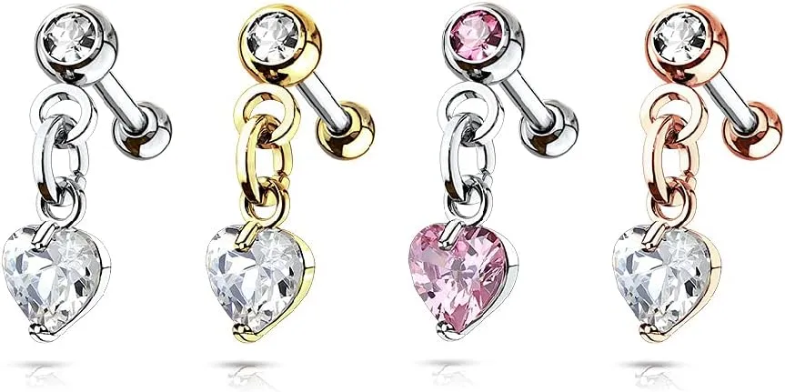 Pierced Owl - 16GA Crystal set Ball with dangling crystal heart 316L Surgical Stainless Steel Cartilage Helix Tragus Conch Ear Lobe Barbell Stud