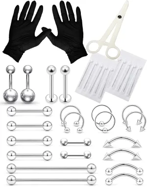 Piercing Kit Stainless Steel Eyebrow Rings,Horseshoe Ring,Industrial Piercing Jewelry,Belly Button Ring,Lip Rings,Earrings,Nipple Rings,Tongue Rings For Women men 14G 16G Piercing Needles