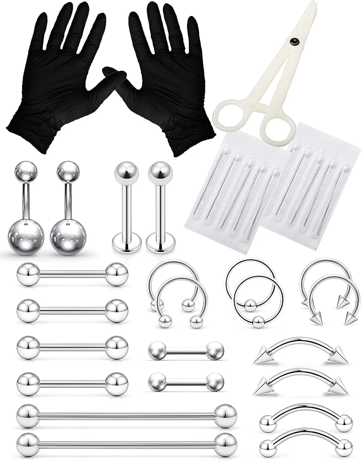 Piercing Kit Stainless Steel Eyebrow Rings,Horseshoe Ring,Industrial Piercing Jewelry,Belly Button Ring,Lip Rings,Earrings,Nipple Rings,Tongue Rings For Women men 14G 16G Piercing Needles