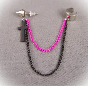 Pink Black Cross Spike Rivet Stud Earring Ear Cuff 3.5" Long Chain Dangle