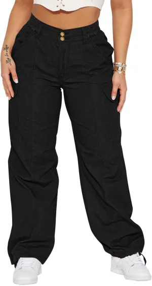 Pink Queen Women High Waisted Cargo Pants Relaxed Fit Wide Leg Jeans Combat Military Trousers with Pockets