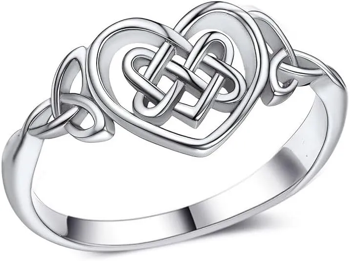 Platinum Plating Celtic Knot Heart Rings for Women High Polish Tarnish Resistant Eternity Wedding Band Hollow Out Geometric Jewelry