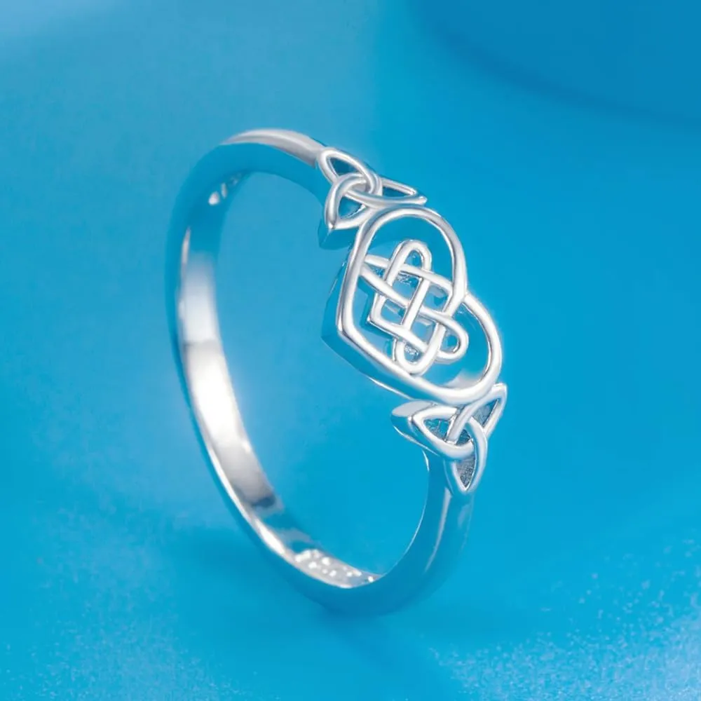 Platinum Plating Celtic Knot Heart Rings for Women High Polish Tarnish Resistant Eternity Wedding Band Hollow Out Geometric Jewelry