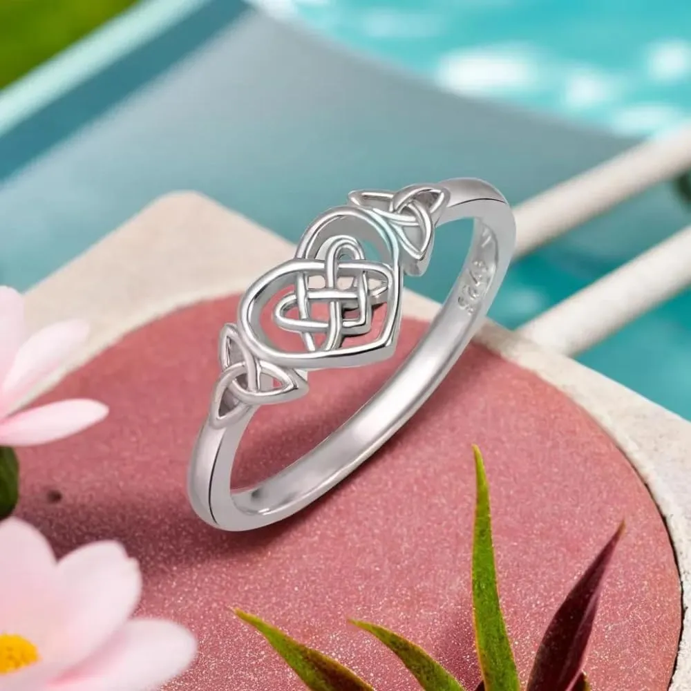 Platinum Plating Celtic Knot Heart Rings for Women High Polish Tarnish Resistant Eternity Wedding Band Hollow Out Geometric Jewelry