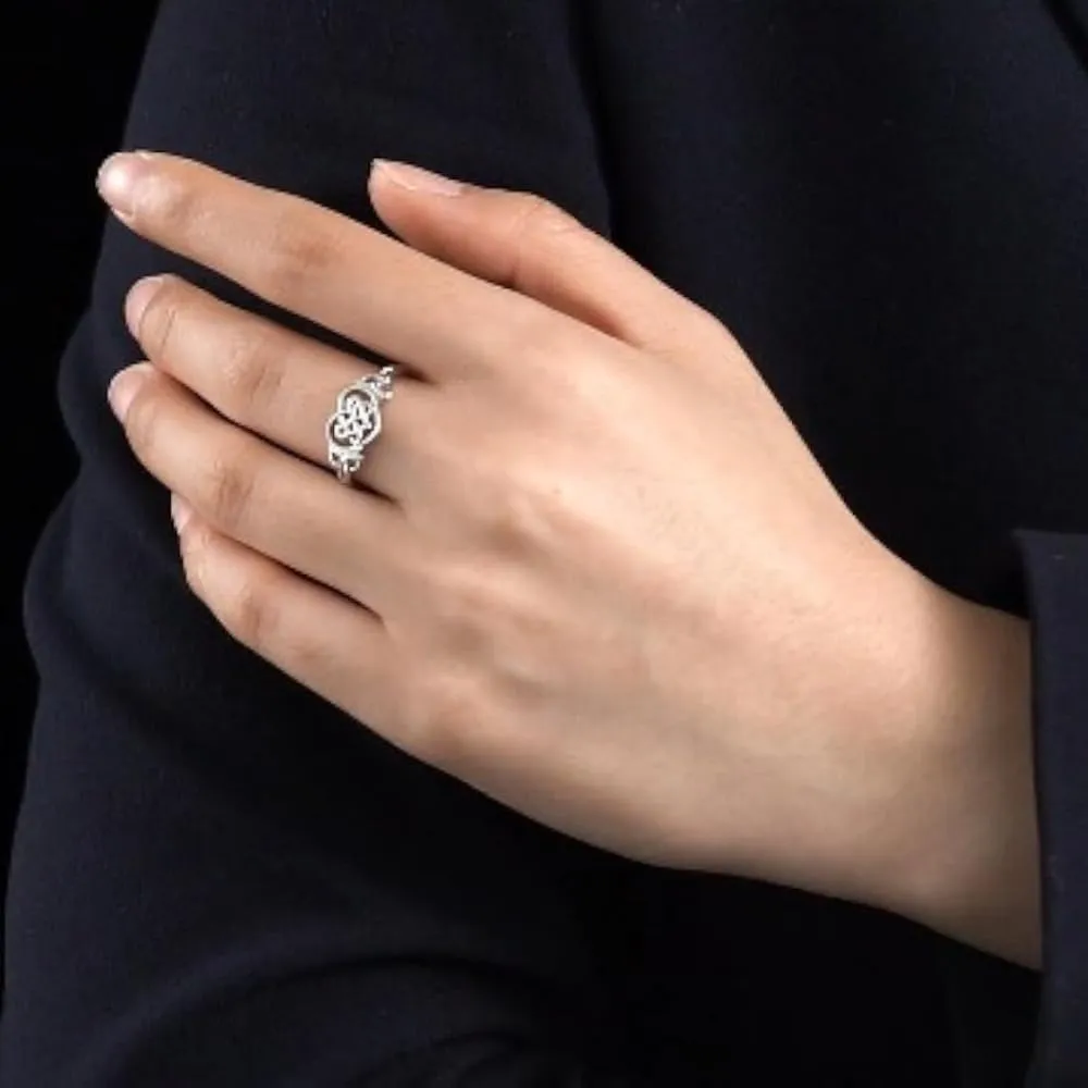 Platinum Plating Celtic Knot Heart Rings for Women High Polish Tarnish Resistant Eternity Wedding Band Hollow Out Geometric Jewelry
