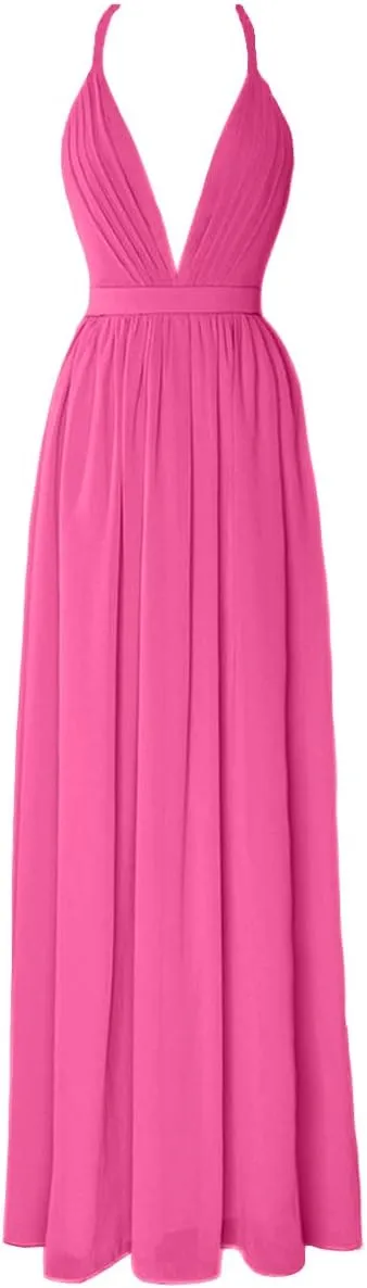 Plunging Neck Chiffon Pleated Bridesmaid Dress Long Open Back Prom Party Gowns for Women