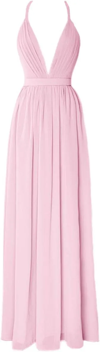 Plunging Neck Chiffon Pleated Bridesmaid Dress Long Open Back Prom Party Gowns for Women