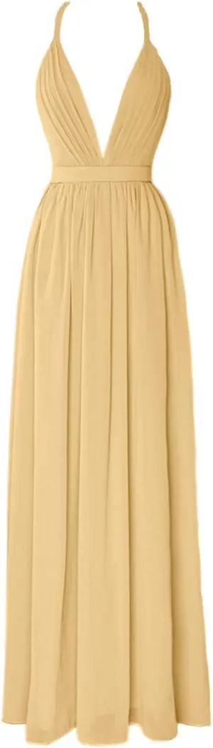 Plunging Neck Chiffon Pleated Bridesmaid Dress Long Open Back Prom Party Gowns for Women