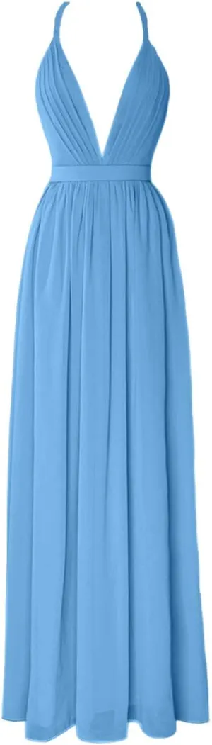 Plunging Neck Chiffon Pleated Bridesmaid Dress Long Open Back Prom Party Gowns for Women