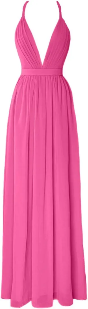 Plunging Neck Chiffon Pleated Bridesmaid Dress Long Open Back Prom Party Gowns for Women