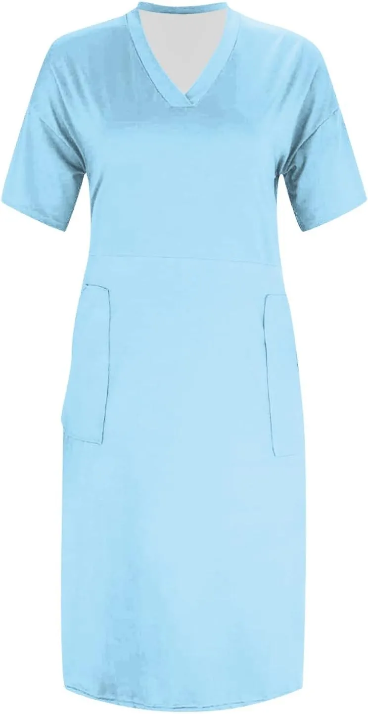 Plus Size Dresses for Curvy Women Spring V Neck Short Sleeve Casual Summer Dress Loose Beach Midi Dress with Pockets