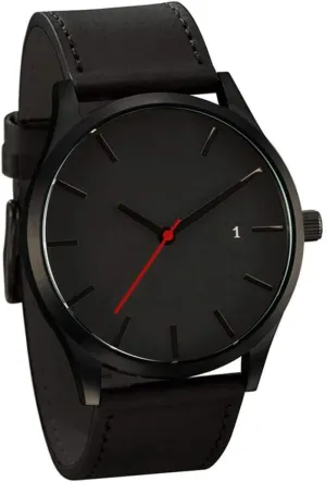 Popular Low-Key Men's Quartz Wristwatch Minimalist Connotation Leather Watch (Black)
