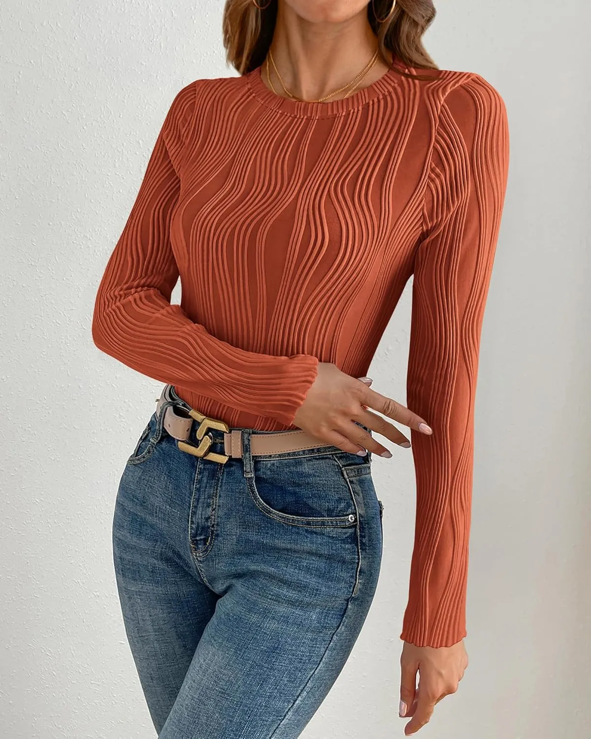 PRETTYGARDEN Women's Tops 2025 Spring Fashion Long Sleeve Crewneck Blouses Slim Fit Shirts Textured Knit Basic T Shirts