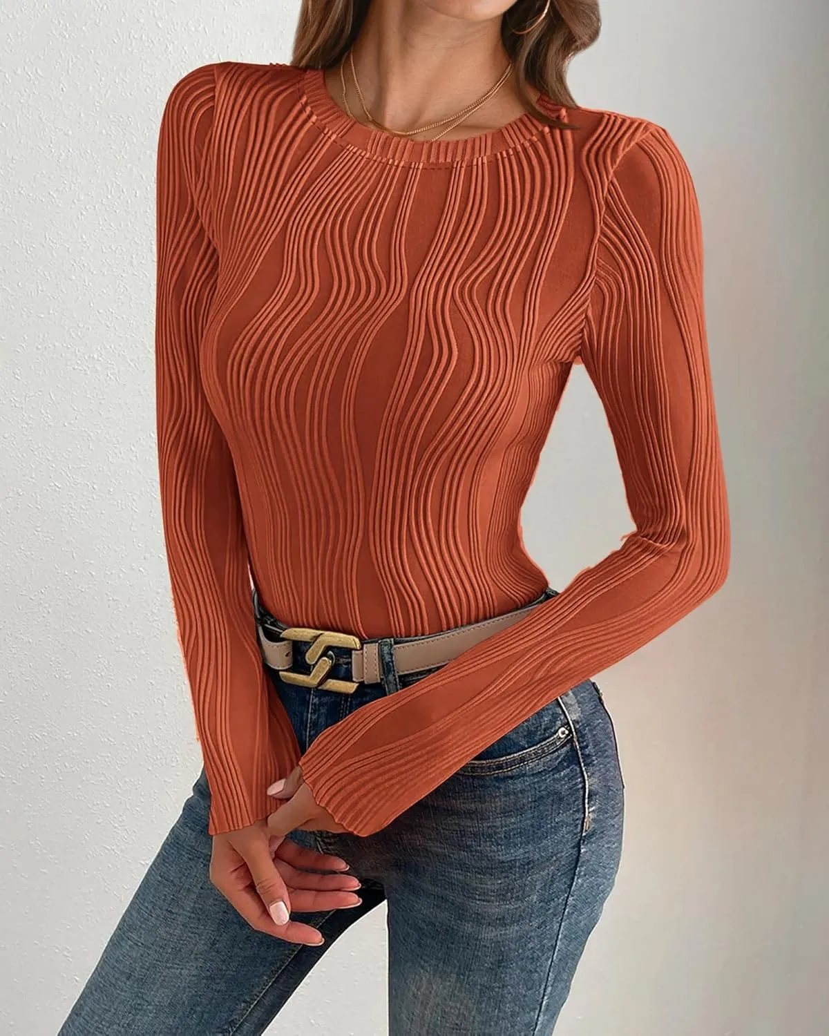 PRETTYGARDEN Women's Tops 2025 Spring Fashion Long Sleeve Crewneck Blouses Slim Fit Shirts Textured Knit Basic T Shirts