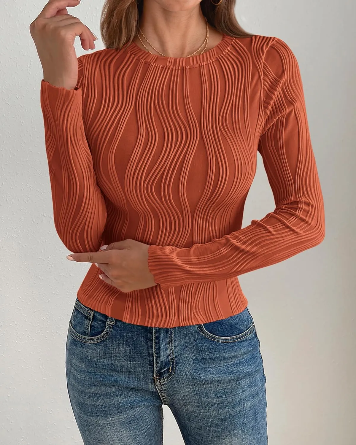 PRETTYGARDEN Women's Tops 2025 Spring Fashion Long Sleeve Crewneck Blouses Slim Fit Shirts Textured Knit Basic T Shirts