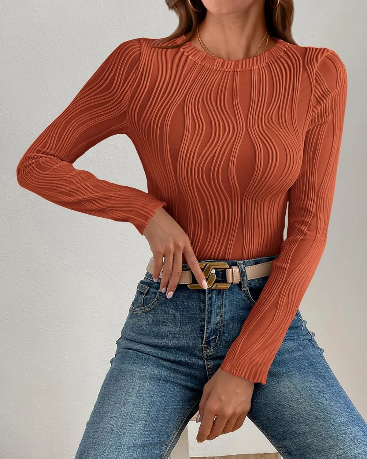 PRETTYGARDEN Women's Tops 2025 Spring Fashion Long Sleeve Crewneck Blouses Slim Fit Shirts Textured Knit Basic T Shirts