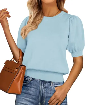 PRETTYGARDEN Womens Tops Spring 2025 Summer Puff Short Sleeve Sweater Crewneck Knit Work Blouses Dressy Casual Trendy Shirts