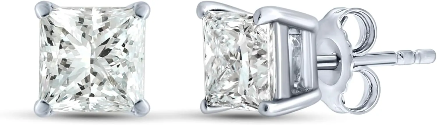 Princess Cut Diamond Stud Earrings for Women | 1-2 1/4 CTTW Certified Lab Grown Diamond Studs | 14K Solid Gold Earrings