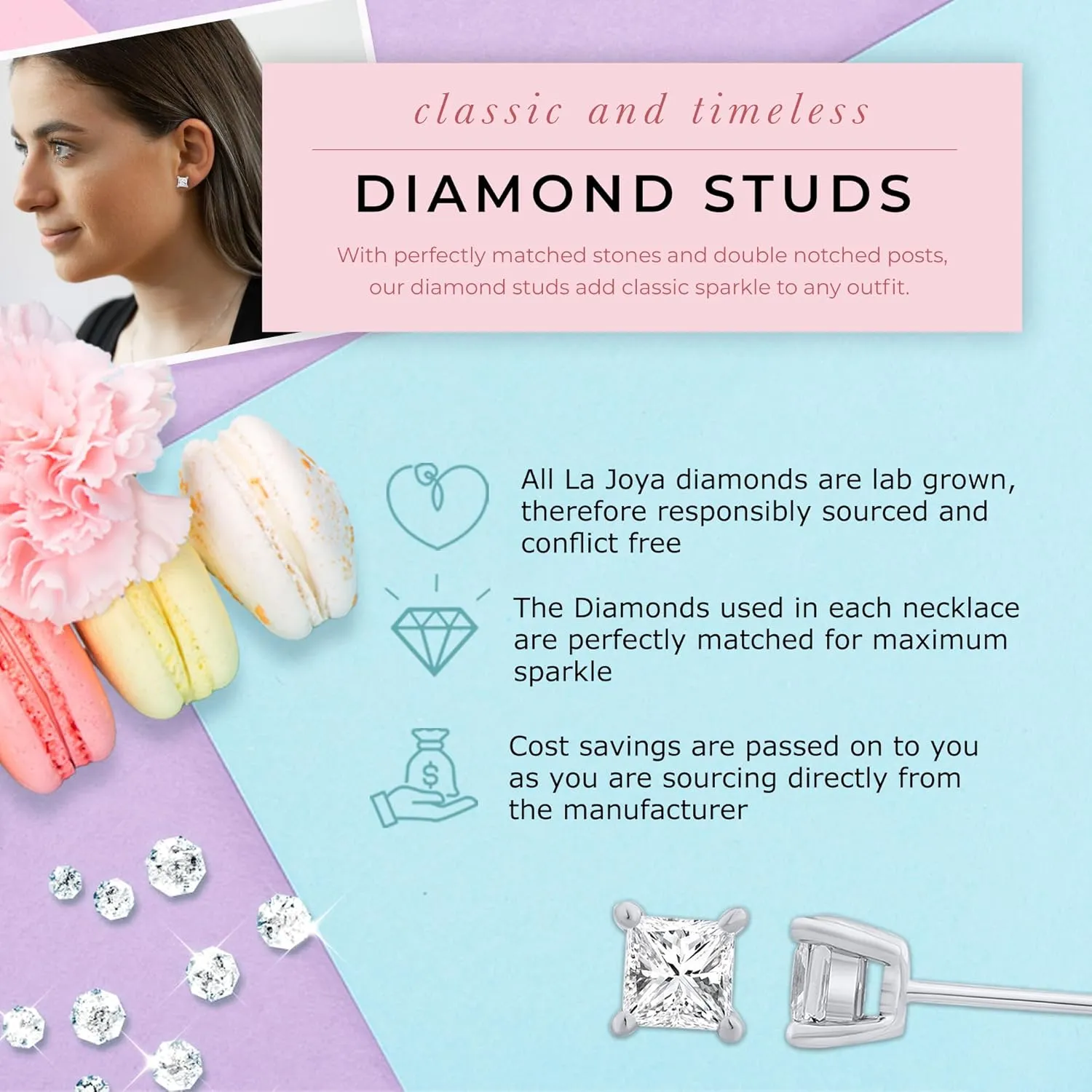 Princess Cut Diamond Stud Earrings for Women | 1-2 1/4 CTTW Certified Lab Grown Diamond Studs | 14K Solid Gold Earrings
