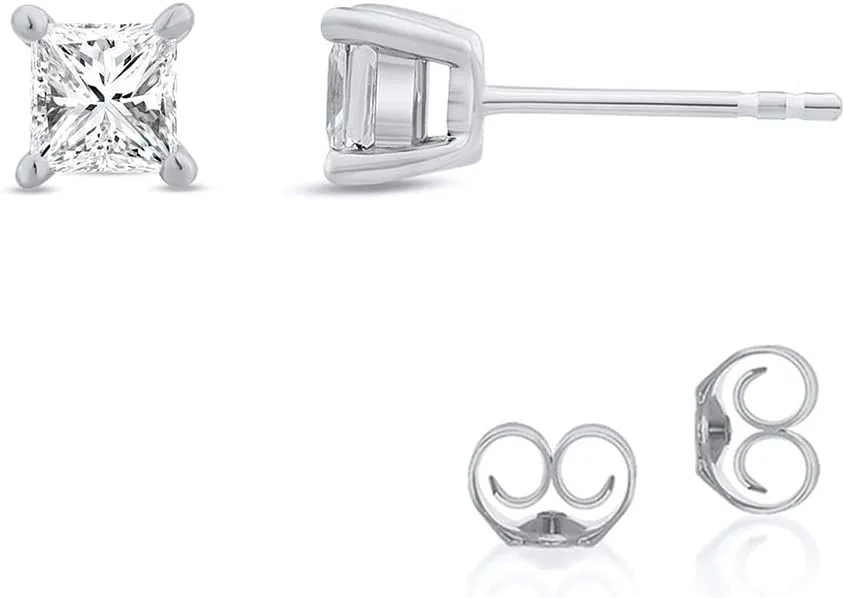 Princess Cut Diamond Stud Earrings for Women | 1-2 1/4 CTTW Certified Lab Grown Diamond Studs | 14K Solid Gold Earrings