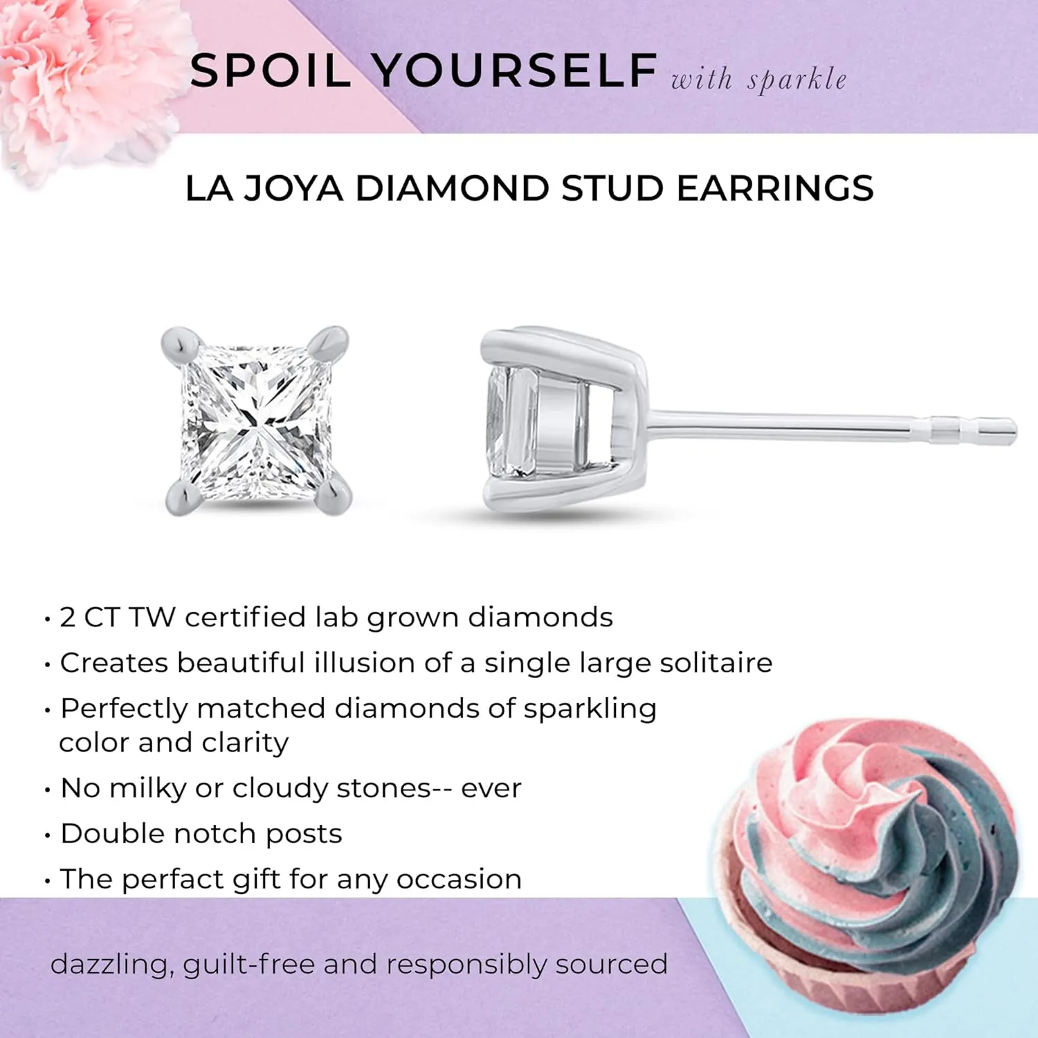 Princess Cut Diamond Stud Earrings for Women | 1-2 1/4 CTTW Certified Lab Grown Diamond Studs | 14K Solid Gold Earrings