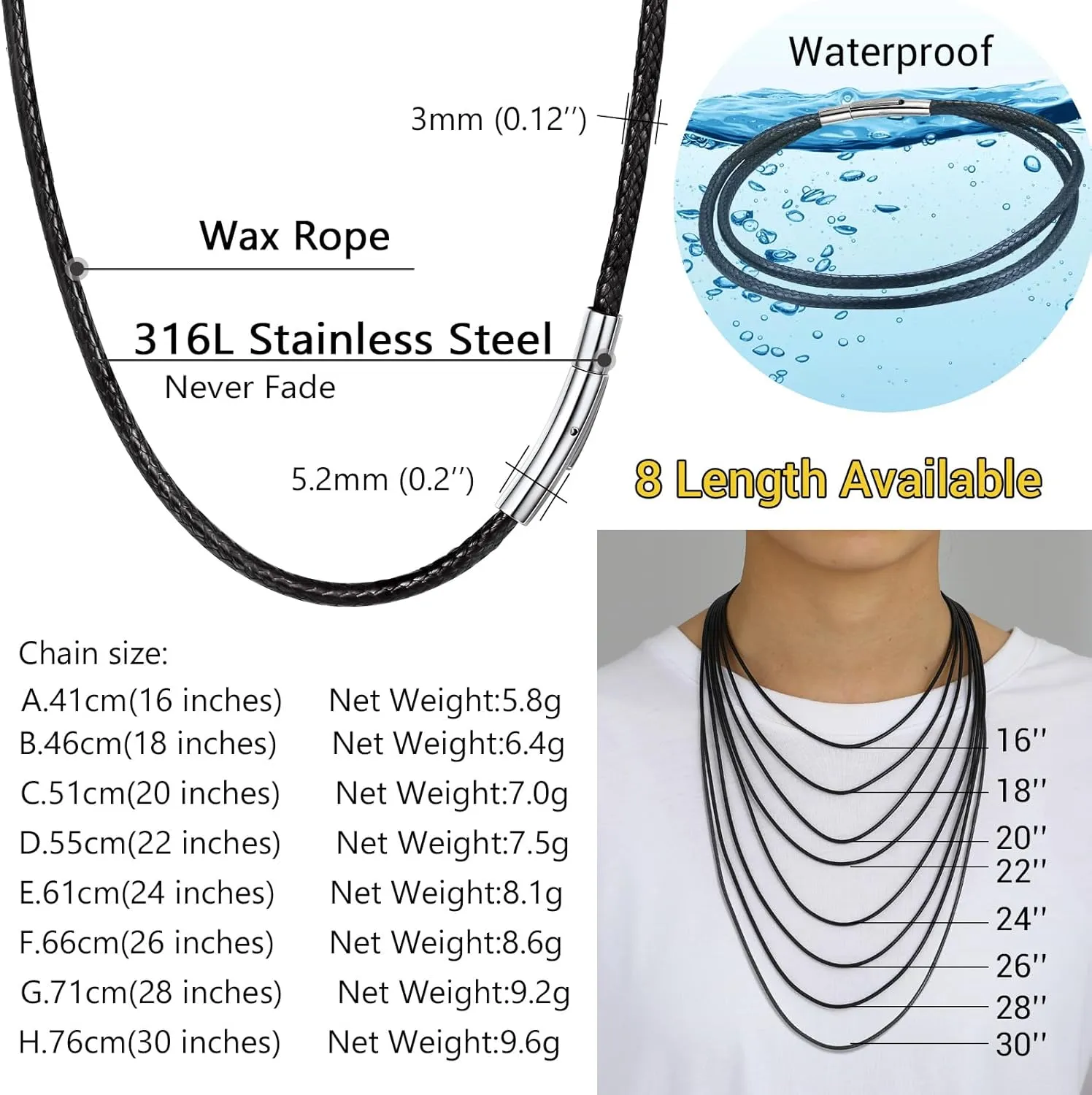 PROSTEEL Waterproof Leather Necklace Cord for Men, 2MM/3MM, 16-30, with Stainless Steel Clasp, DIY Chain for Pendant, Come with Box
