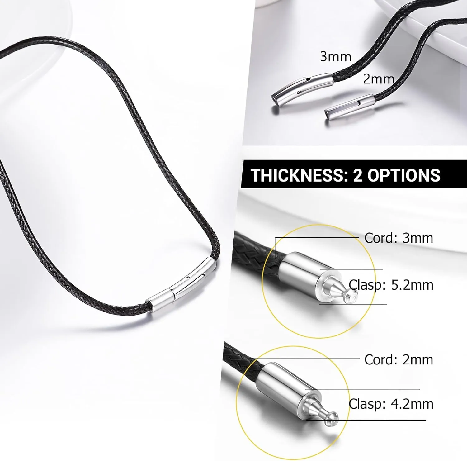 PROSTEEL Waterproof Leather Necklace Cord for Men, 2MM/3MM, 16-30, with Stainless Steel Clasp, DIY Chain for Pendant, Come with Box