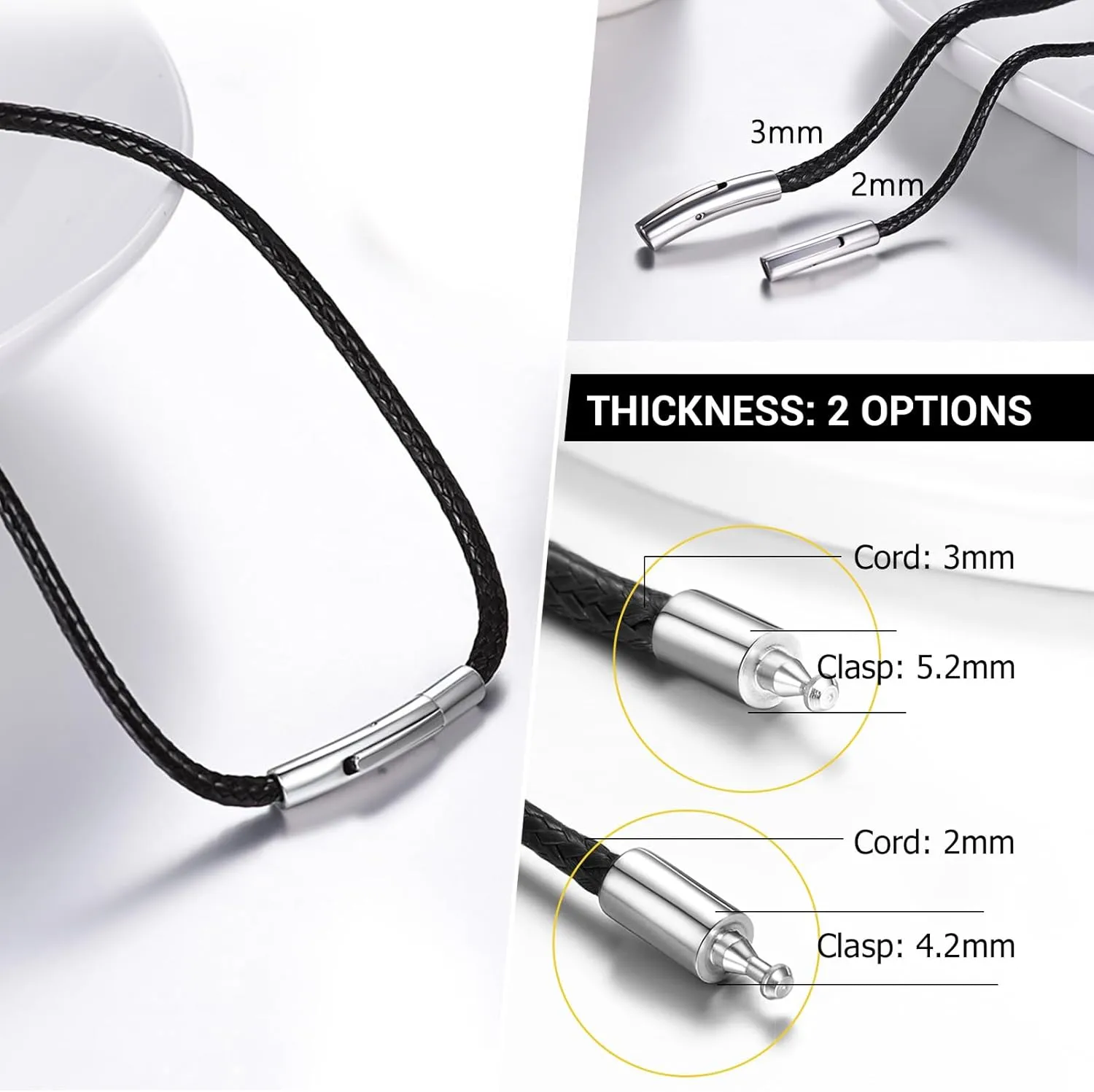 PROSTEEL Waterproof Leather Necklace Cord for Men, 2MM/3MM, 16-30, with Stainless Steel Clasp, DIY Chain for Pendant, Come with Box