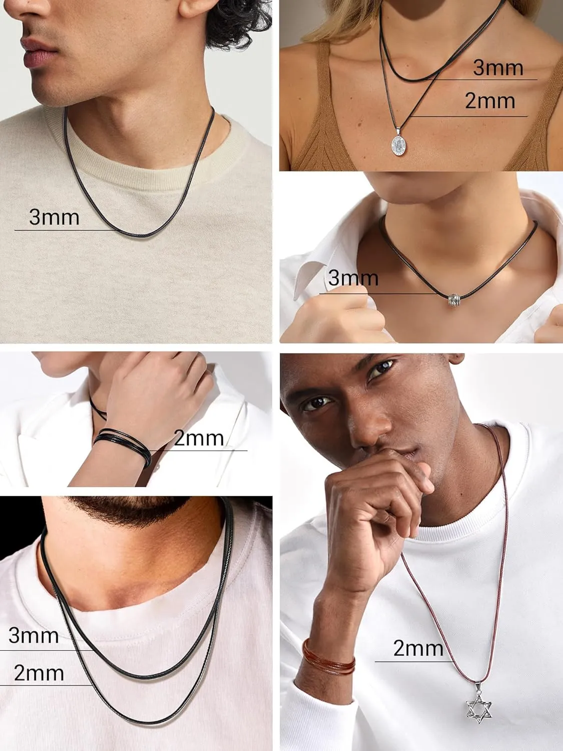 PROSTEEL Waterproof Leather Necklace Cord for Men, 2MM/3MM, 16-30, with Stainless Steel Clasp, DIY Chain for Pendant, Come with Box