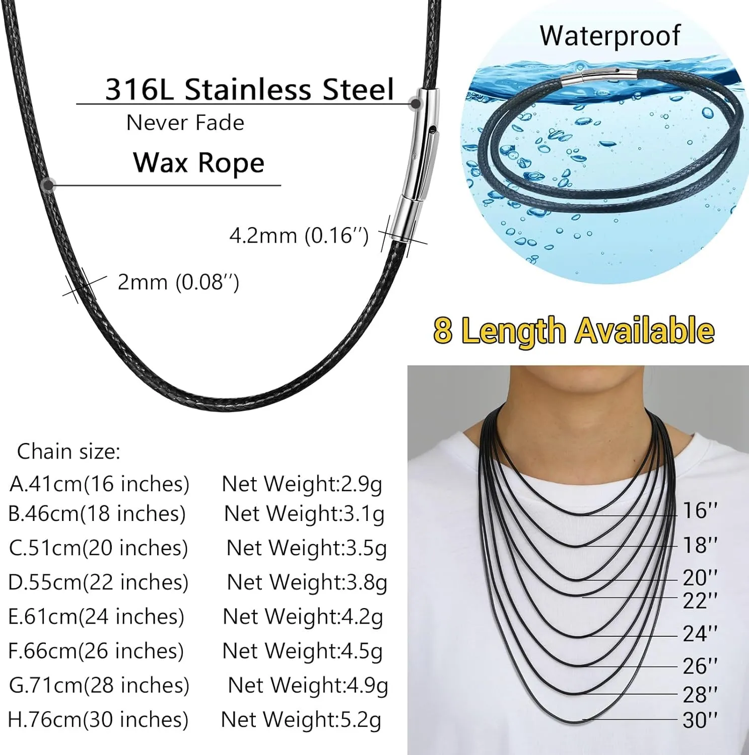PROSTEEL Waterproof Leather Necklace Cord for Men, 2MM/3MM, 16-30, with Stainless Steel Clasp, DIY Chain for Pendant, Come with Box