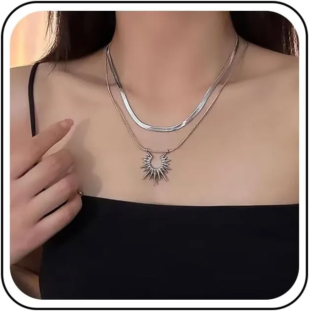 Punk Layered Spikes Choker Necklace Silver Sunburst Pendant Necklace Rising Sun Herringbone Chain Necklace Vintage Sunburst Sleek Chain Necklace Jewelry for Women