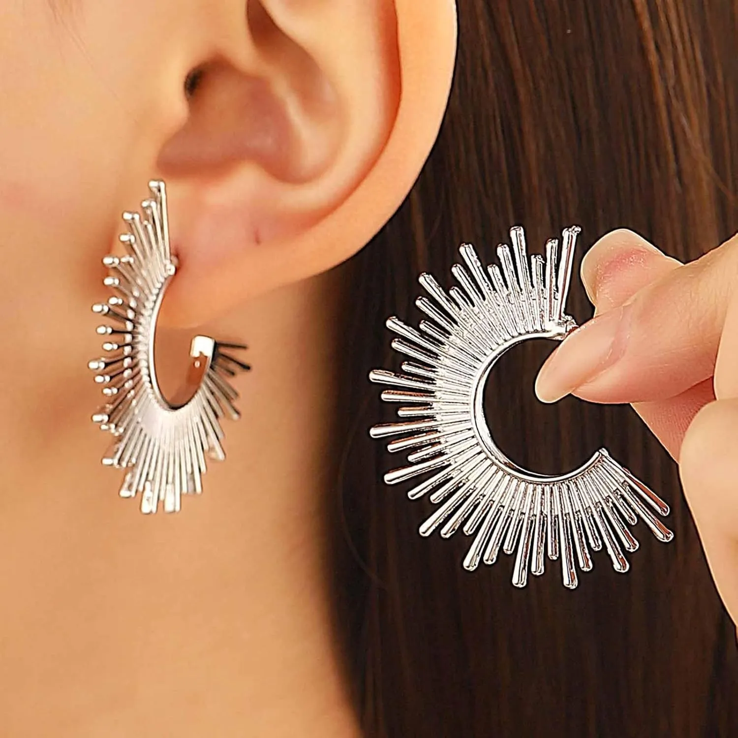 Punk Sunburst Hoop Earrings Gold Spike Sunlight Earrings Sunburst C Shape Earring Sunshine Hoop Stud Sun Spike Earring Jewelry for Women