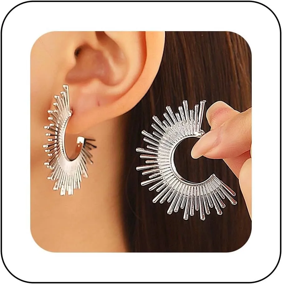 Punk Sunburst Hoop Earrings Gold Spike Sunlight Earrings Sunburst C Shape Earring Sunshine Hoop Stud Sun Spike Earring Jewelry for Women