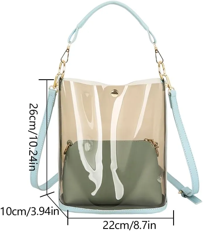 PVC Handbag Women Shoulder Bag 2-in-1 Semi Transparent Beach Bucket Bags