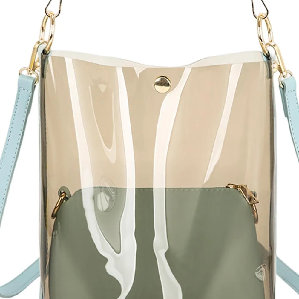 PVC Handbag Women Shoulder Bag 2-in-1 Semi Transparent Beach Bucket Bags