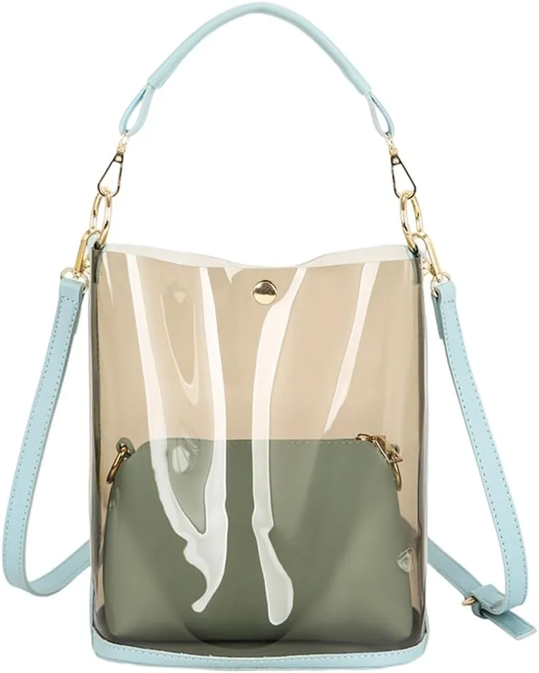 PVC Handbag Women Shoulder Bag 2-in-1 Semi Transparent Beach Bucket Bags