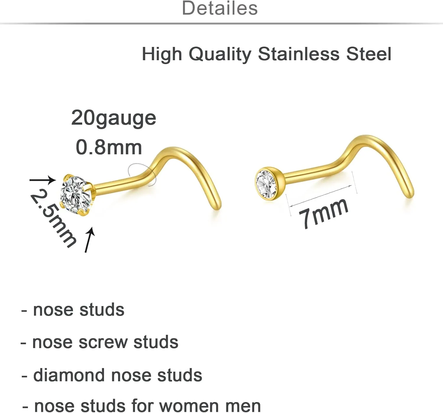 QWALIT 18g & 20g Nose Rings & Hoops - L & C Shape Studs - Surgical Stainless Steel & Silver Nose Piercing Jewelry - Rose Gold & Black - For Women & Men