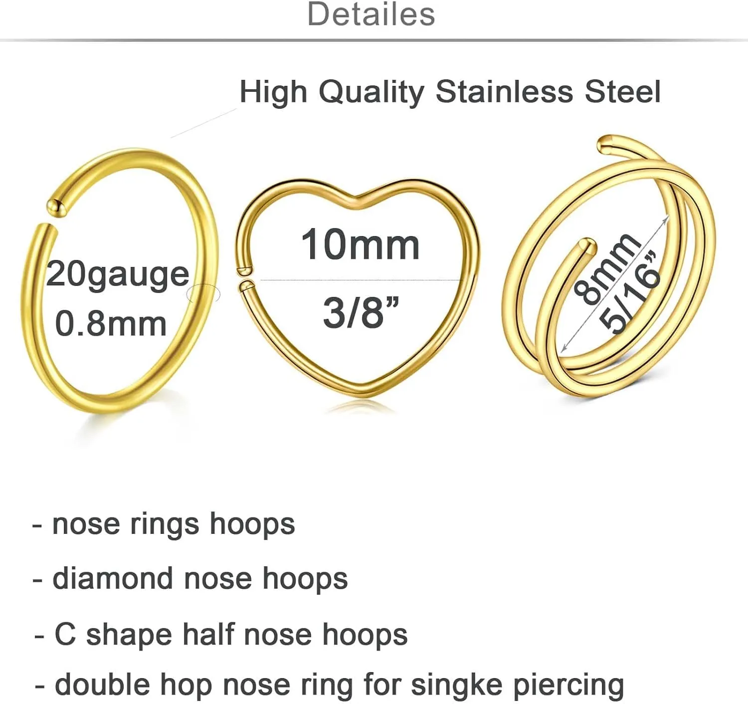 QWALIT 18g & 20g Nose Rings & Hoops - L & C Shape Studs - Surgical Stainless Steel & Silver Nose Piercing Jewelry - Rose Gold & Black - For Women & Men