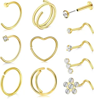 QWALIT 18g & 20g Nose Rings & Hoops - L & C Shape Studs - Surgical Stainless Steel & Silver Nose Piercing Jewelry - Rose Gold & Black - For Women & Men