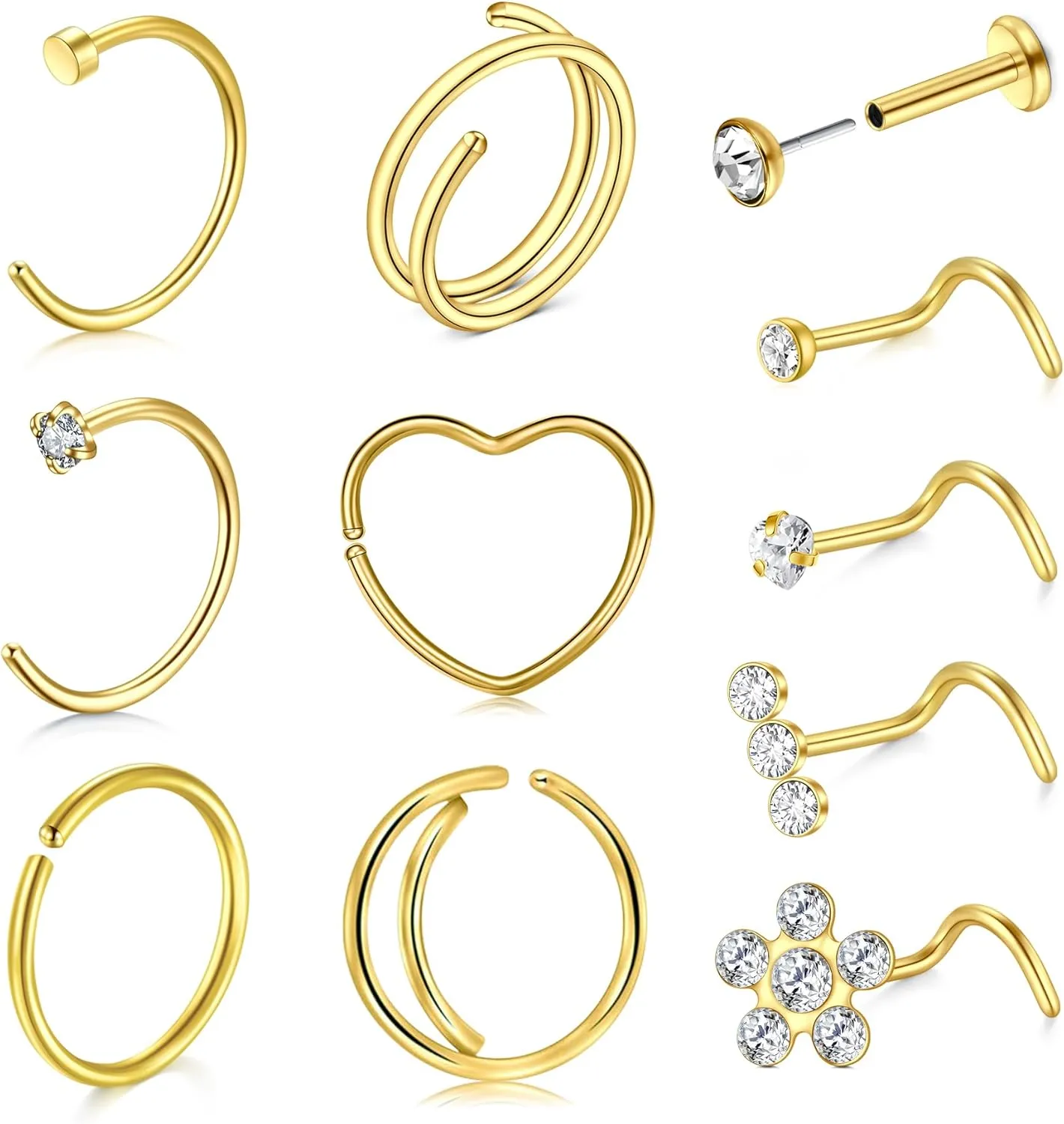 QWALIT 18g & 20g Nose Rings & Hoops - L & C Shape Studs - Surgical Stainless Steel & Silver Nose Piercing Jewelry - Rose Gold & Black - For Women & Men