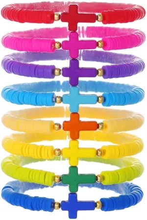 Rainbow Clay Surfer Cross Bracelets Set for Women Stackable Clay Disc Stretch Preppy Bracelets Colorful Friendship Bracelets Boho Summer Beach Jewelry Gift