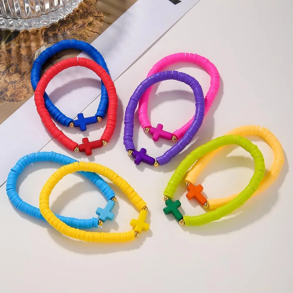 Rainbow Clay Surfer Cross Bracelets Set for Women Stackable Clay Disc Stretch Preppy Bracelets Colorful Friendship Bracelets Boho Summer Beach Jewelry Gift