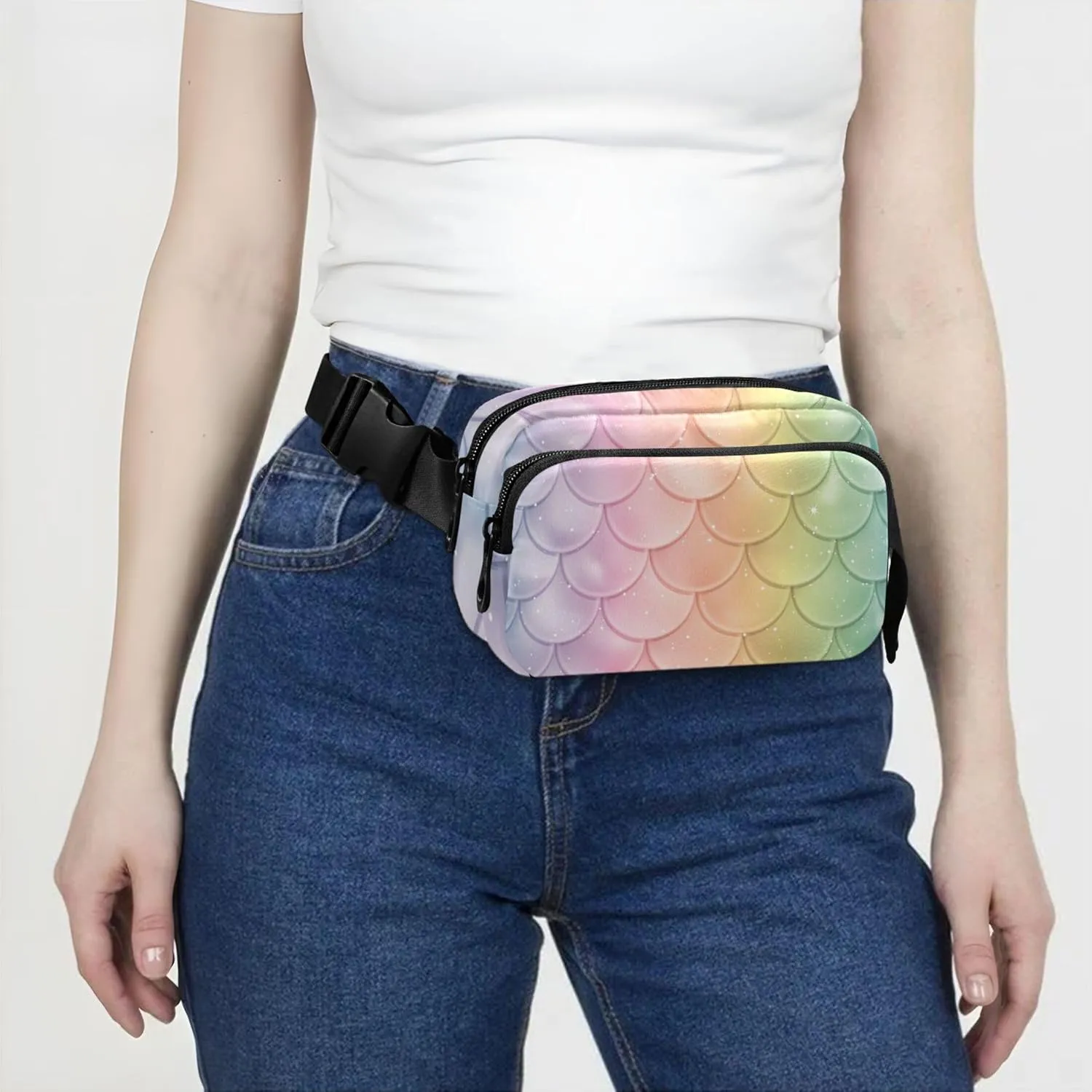 Rainbow Fish Scale Fanny Pack for Women Funny Belt Bag Hip Pack Waterproof Waist Purse for Women