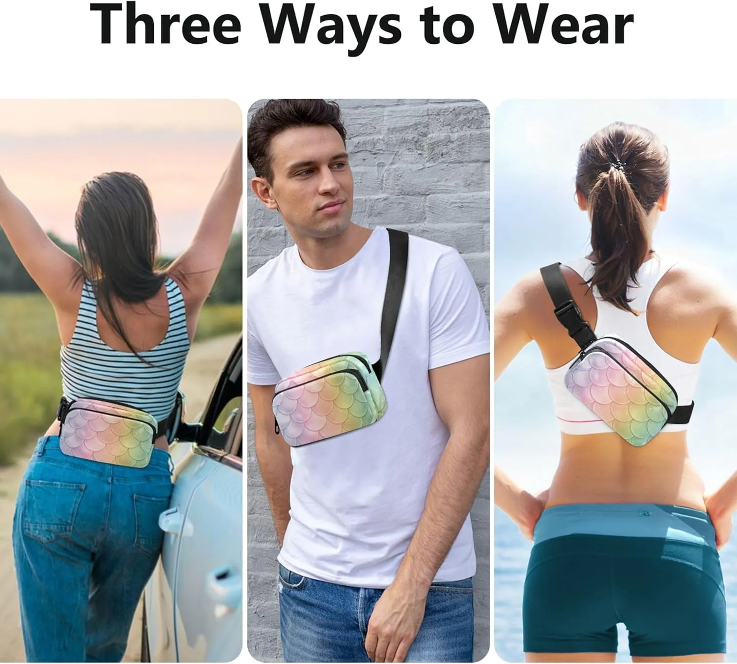 Rainbow Fish Scale Fanny Pack for Women Funny Belt Bag Hip Pack Waterproof Waist Purse for Women