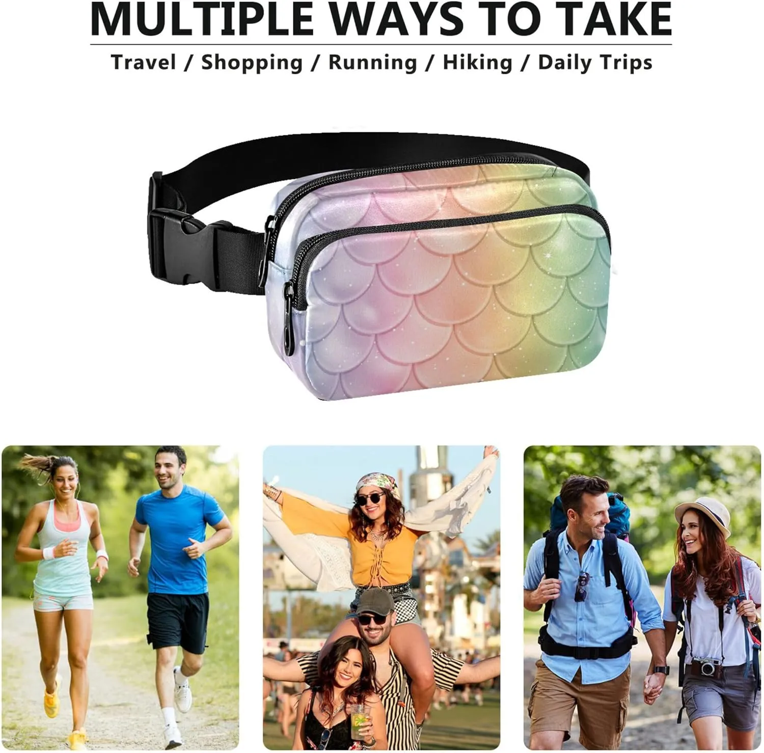 Rainbow Fish Scale Fanny Pack for Women Funny Belt Bag Hip Pack Waterproof Waist Purse for Women
