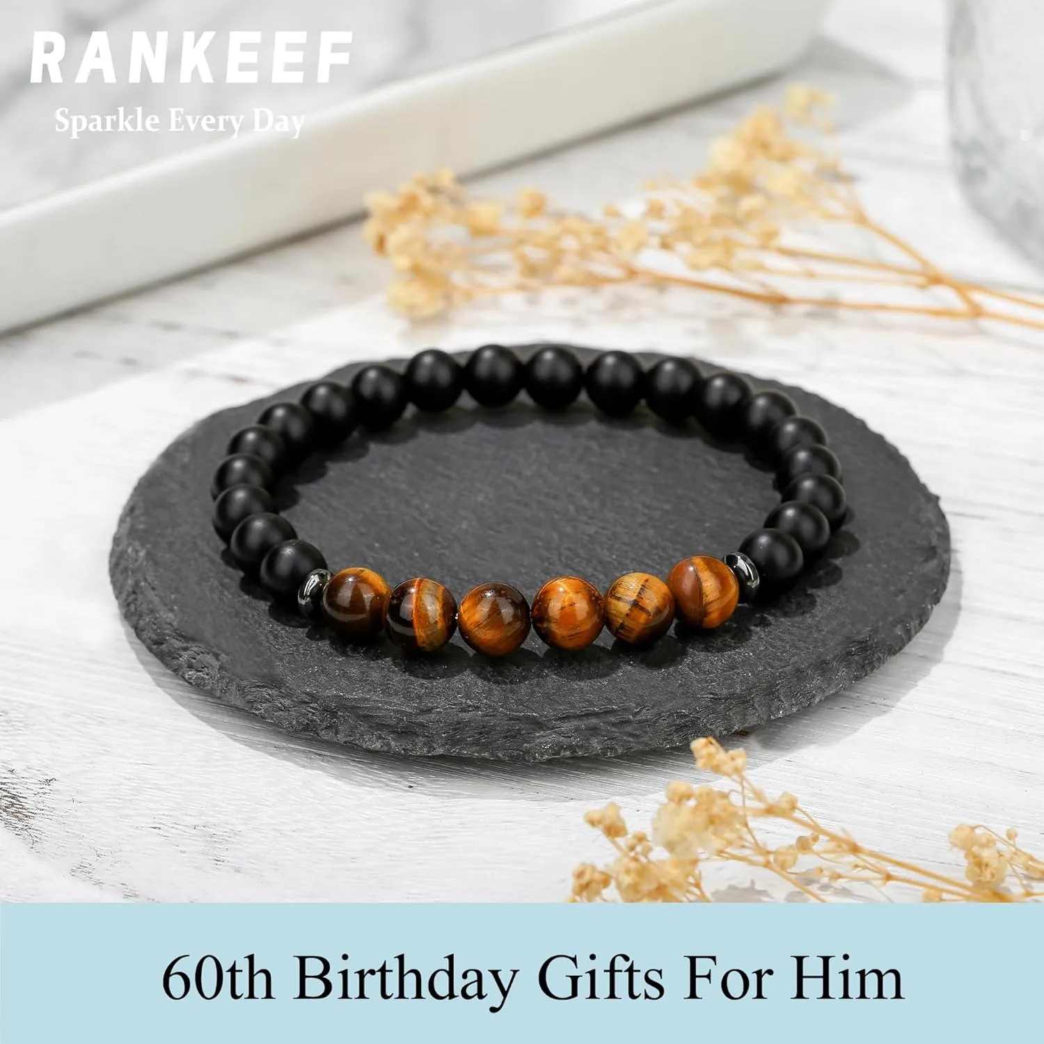 RANKEEF 21st 30th 40th 50th 60th Birthday Gifts Mens Beaded Bracelets Stretch Tiger Eye Bead Bracelet for Son Brother Father Husband Grandfather Friend Bead Bracelet Gift