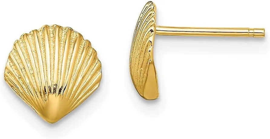 Real 14k Yellow Gold Scallop Shell Post Studs Earrings 8mm