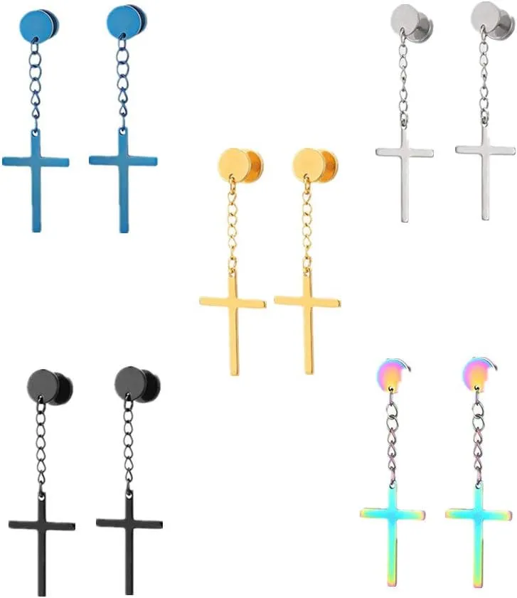 Religious Cross Dangle Tassel Earrings Set Stainless Steel Pierced Tunnel Gauges Studs Hanging Cross Earrings for Men Women